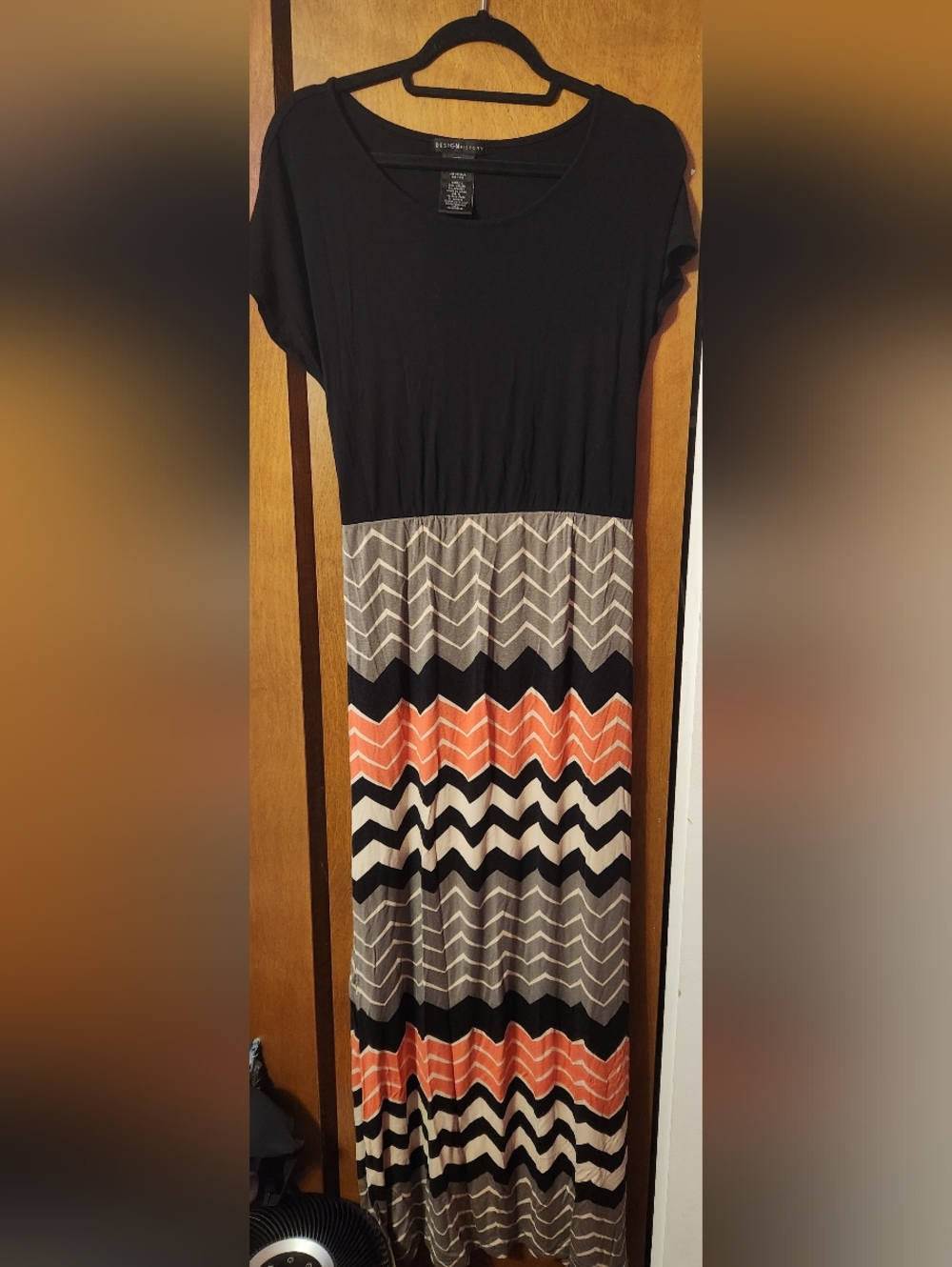 Black & Chevron Maxi Dress with Coral Accent